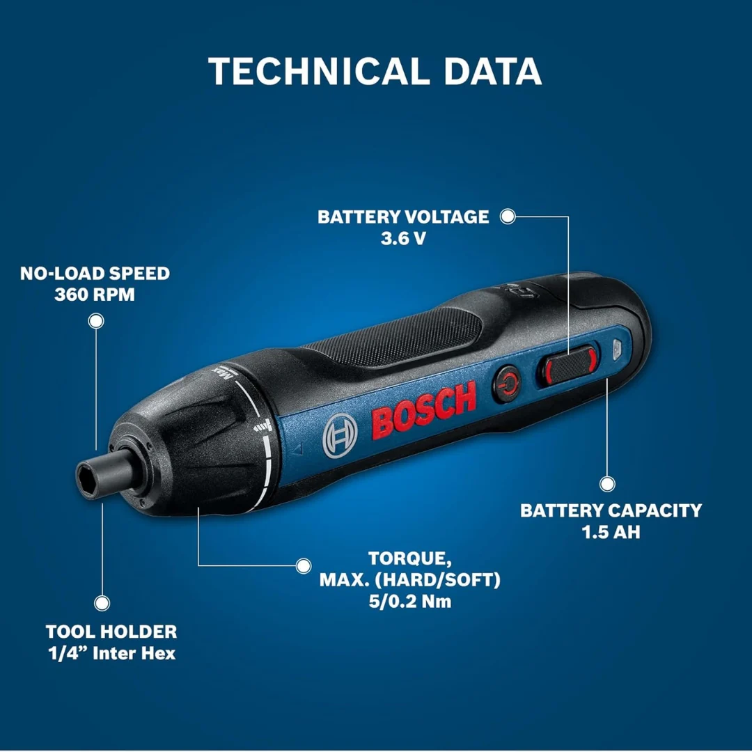 Bosch GO 2.0 Professional Cordless Screwdriver Set | 33-Piece Screwdriver Bit Set | 5/2.5 Nm (Hard/Soft) Torque | 360RPM Speed | 3.6V Battery | ¼" Inter HEX Tool Holder - Image 3
