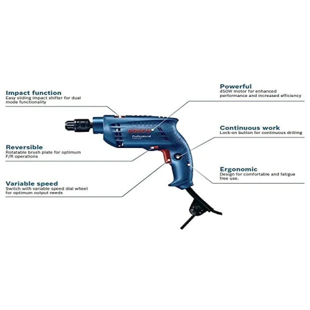 Bosch Heavy Duty GSB 450 Professional Corded Impact Drill Machine | 450-watt Motor | 2800 RPM Speed | 10mm Drill Chuck | Variable Speed Switch | Impact Funtion - Image 6