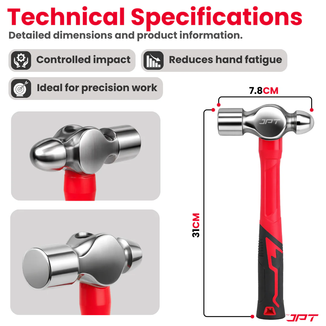 JPT 0.5lbs Forged Steel Ball Peen Hammer with Shock-Absorbing Rubber Grip – Heavy Duty Professional Engineer & Mechanic Hammer for Workshop, Metal Shaping, Riveting & Fabrication Work - Image 5
