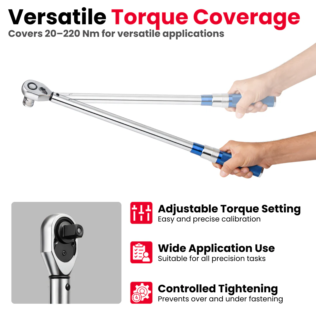 JPT 1/2 Inch Heavy Duty Drive Torque Wrench 20–220 Nm Adjustable with Reinforced Gear, Forward/Reverse Ratchet & Ball Lock Design – Automotive Torque Wrench for Car Wheels, Bike & Workshop Use - Image 6