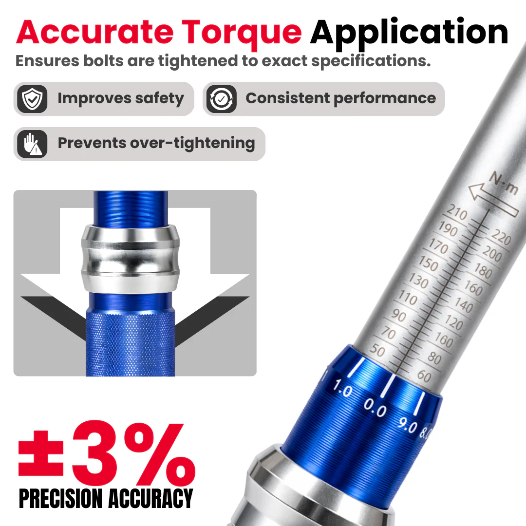 JPT 1/2 Inch Heavy Duty Adjustable Torque Wrench Combo Set 40–220Nm ±3% Accuracy with Reinforced Gear, Forward/Reverse Ratchet & Ball Lock Design, Includes 17, 19, 21, 22, 24mm Cr-V Sockets + Extension Bar - Image 5
