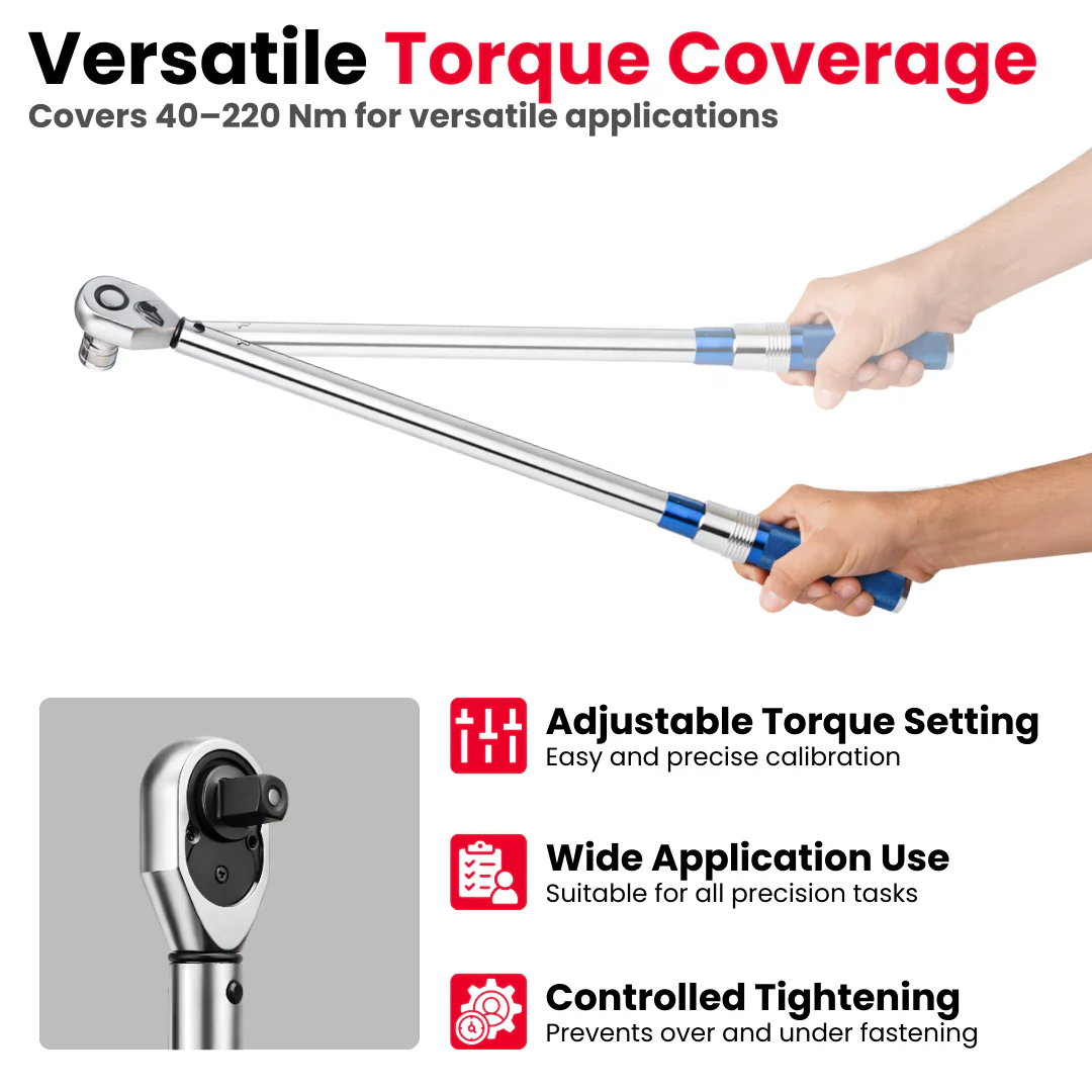 JPT 1/2 Inch Heavy Duty Adjustable Torque Wrench Combo Set 40–220Nm ±3% Accuracy with Reinforced Gear, Forward/Reverse Ratchet & Ball Lock Design, Includes 17, 19, 21, 22, 24mm Cr-V Sockets + Extension Bar - Image 6
