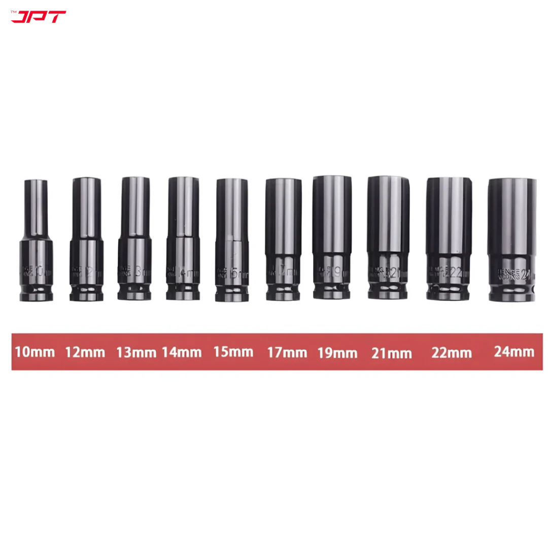 JPT Heavy-Duty 10-Piece Deep Impact Wrench Socket Set | 8MM To 24MM Long Size | 1/2-Inch Drive Size - Image 2