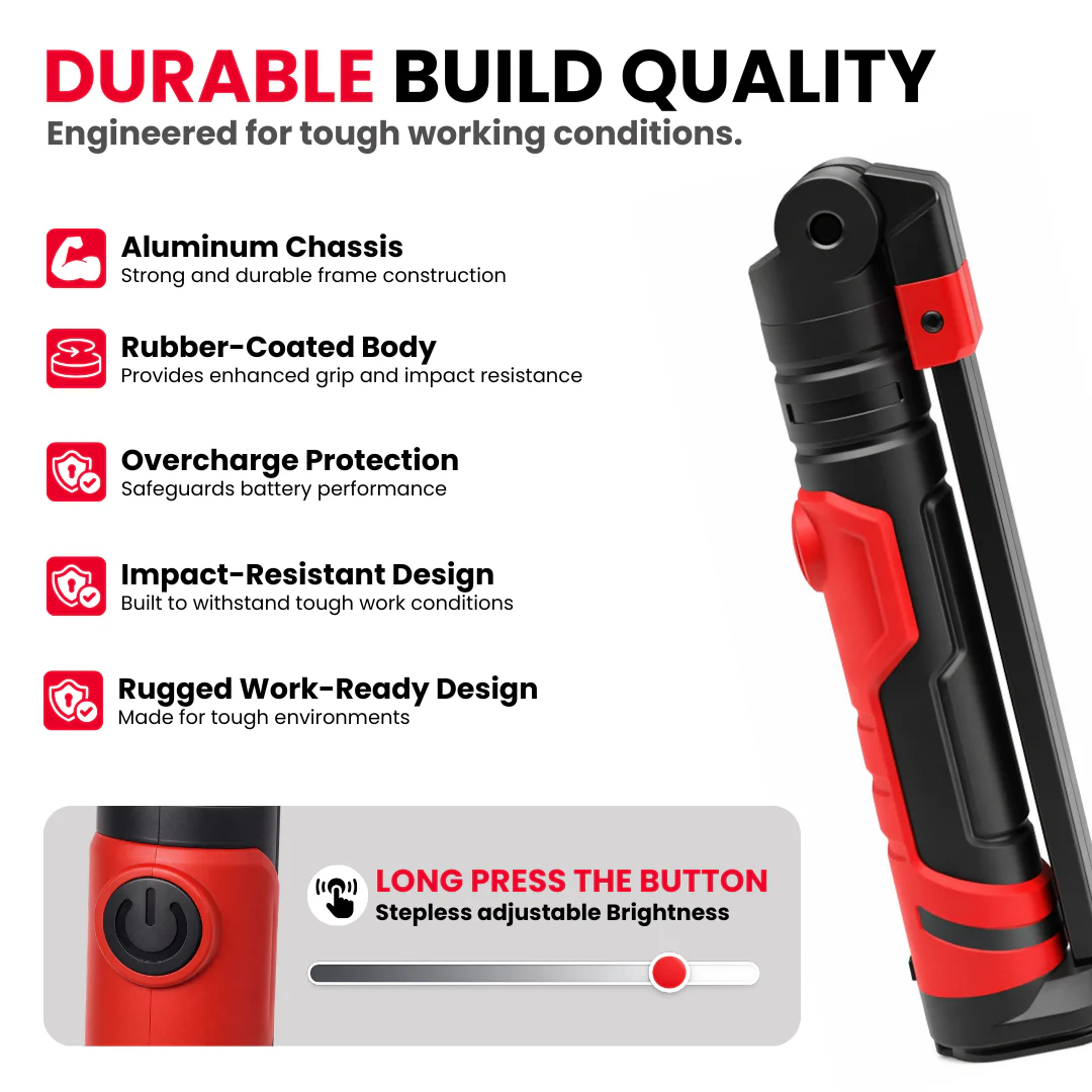 JPT 6W 1000 Lumens LED Work Light Rechargeable with Magnetic Base & 180° Foldable Head | COB Inspection Lamp for Industrial, Electrical, Construction & Emergency Field Use - Image 6