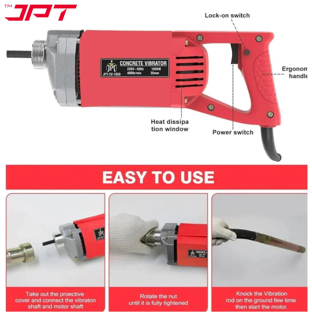JPT Heavy Duty 1050-Watt Concrete Vibrator Machine | 10000 Vibrations Per Minute | 4000 RPM Speed | Pure Copper Winding Motor | 35mm Chuck | 1.5m And 3m Concrete Vibrator Needles Set Included - Image 3
