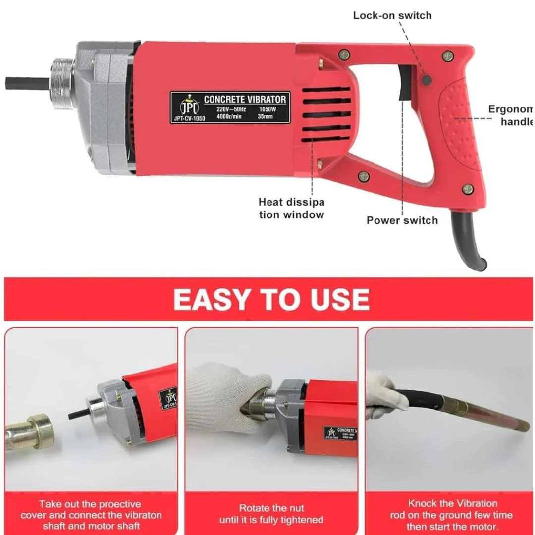 JPT Heavy Duty 1050-Watt Concrete Vibrator Machine | 10000 Vibrations Per Minute | 4000 RPM Speed | Pure Copper Winding Motor | 35mm Chuck | With 2-Metre Vibrator Needle Included - Image 4