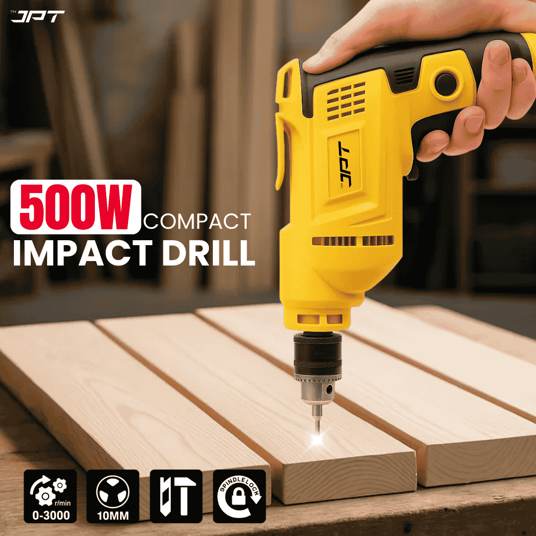 JPT Heavy-Duty Electric Drill Machine | 10MM Chuck | 500W Motor | 3000RPM Speed | 12-Speed Selection | Forward & Reverse | Auto-Lock Button | 4 Wood & 8 Masonry Drill Bits Included - Image 2