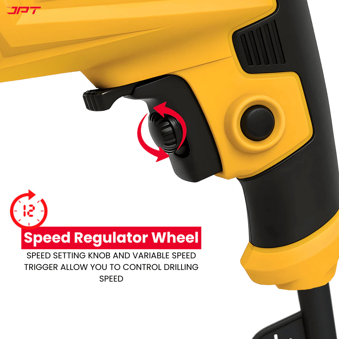 JPT Heavy-Duty Electric Drill Machine | 10MM Chuck | 500W Motor | 3000RPM Speed | 12-Speed Selection | Forward & Reverse | Auto-Lock Button | 4 Wood & 8 Masonry Drill Bits Included - Image 4