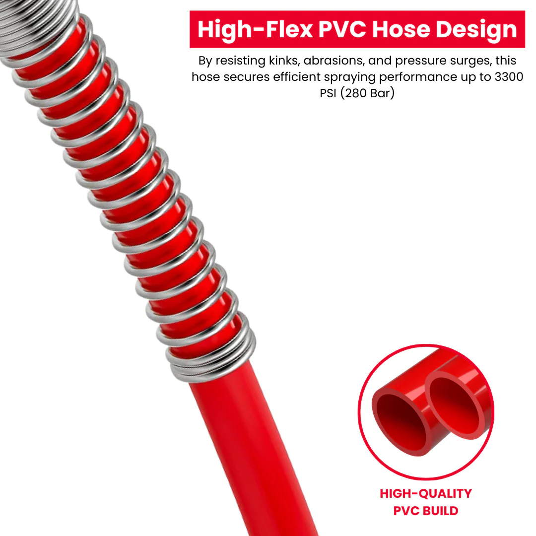 JPT 1/4" 10M Airless Paint Sprayer Hose, High-Flex PVC with Stainless Steel Spring Guard, 3300 PSI (228 Bar) Pressure Handle, SS Threaded Connection for Professional Paint Spray Machines - Image 4