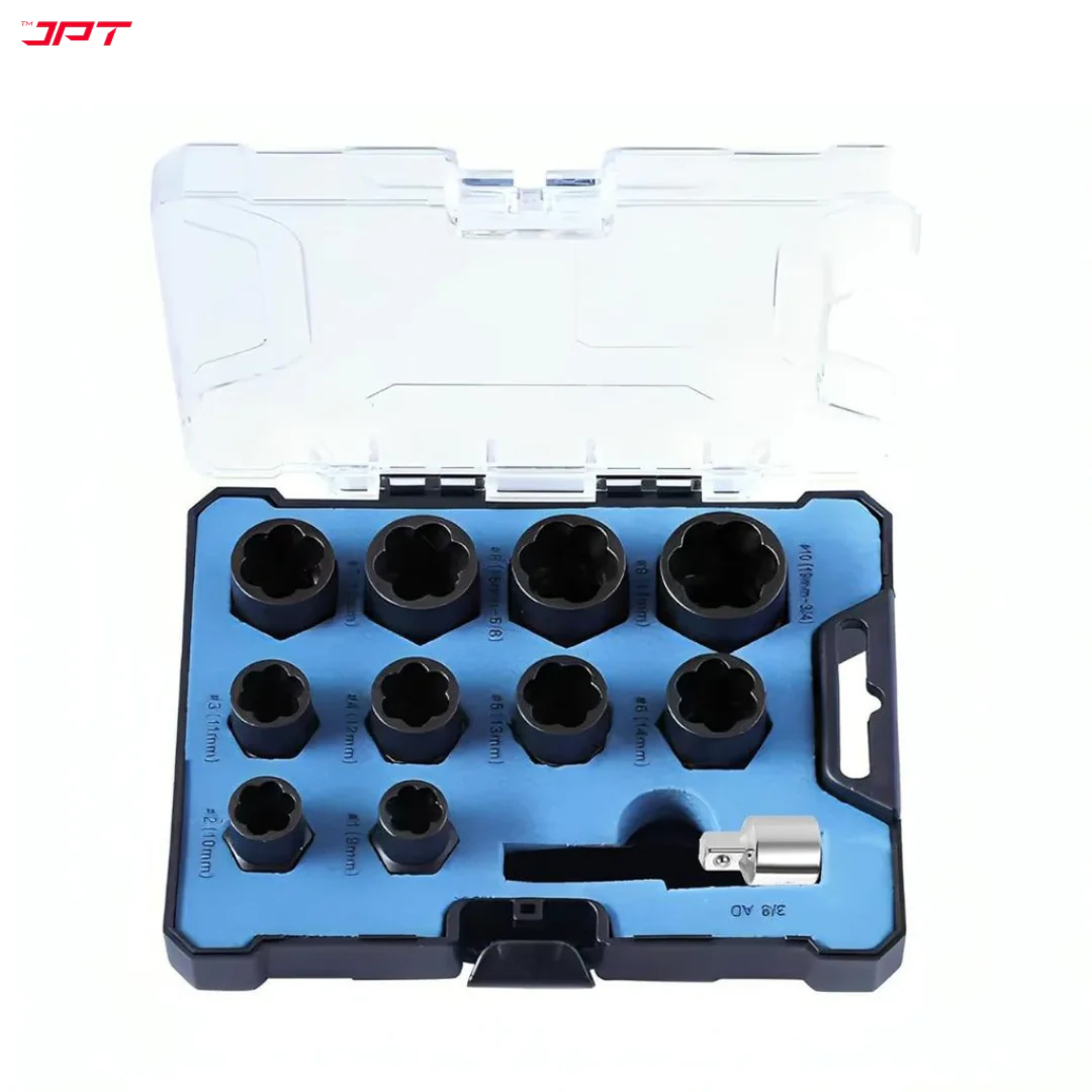 JPT 10+1 Piece Impact Nut & Bolt Extractor Set with 3/8-inch Drive Hex Adapter | Extraction Socket Set for Removing Damaged, Frozen, Rusted, Rounded-Off Bolts and Nuts - Image 6