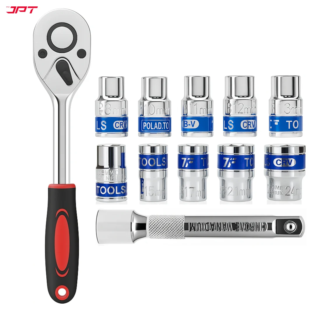 JPT 12-In-1 1/2" Ratchet Spanner Socket Set | CR-V Build with 6-Point Design | Ratchet Spanner With Quick-Release Reversible Mode & Spring-Loaded Ball | Best for Home, Car, Bike, Cycle, Automotive Repair
