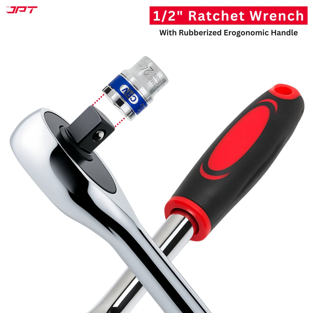 JPT 12-In-1 1/2" Ratchet Spanner Socket Set | CR-V Build with 6-Point Design | Ratchet Spanner With Quick-Release Reversible Mode & Spring-Loaded Ball | Best for Home, Car, Bike, Cycle, Automotive Repair - Image 5