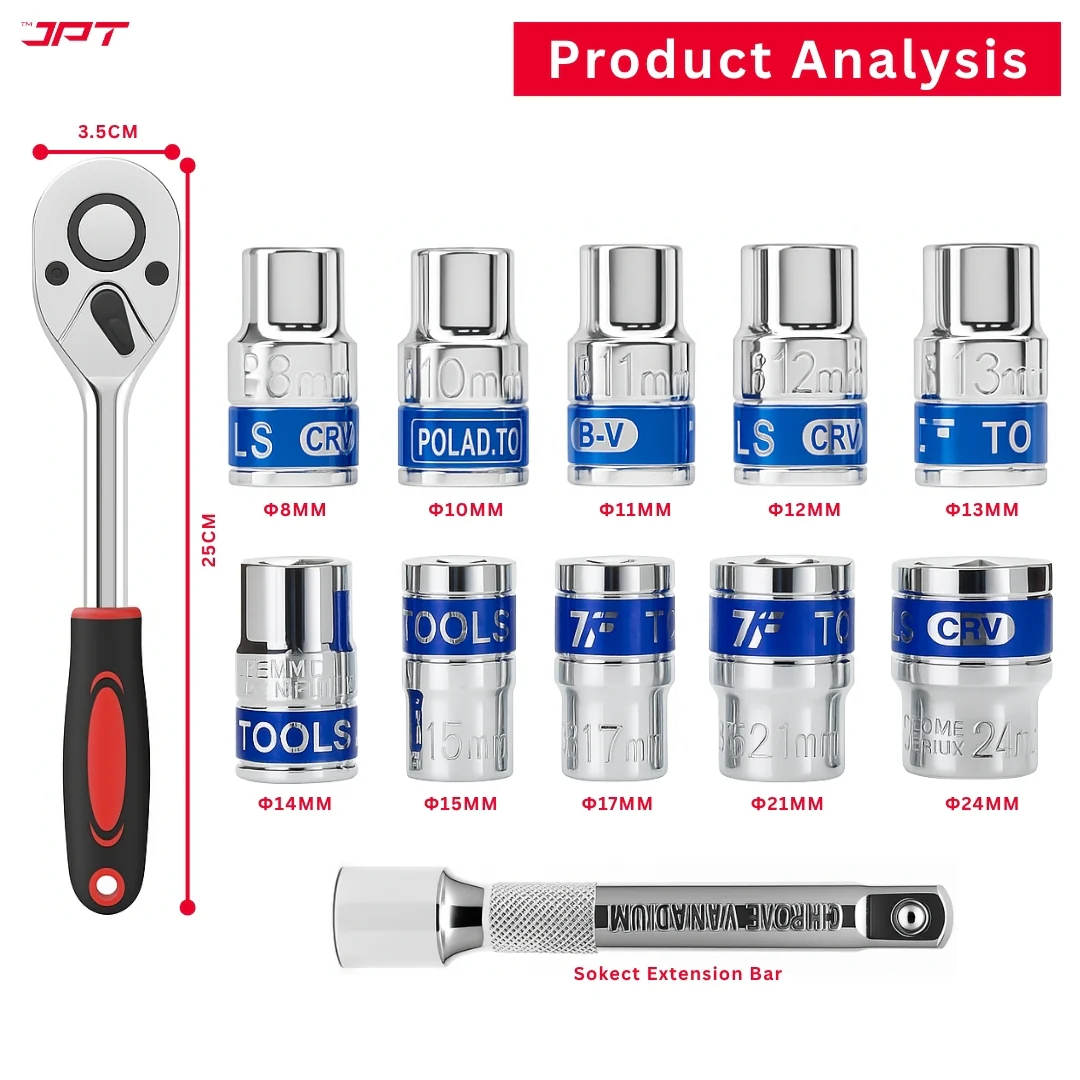 JPT 12-In-1 1/2" Ratchet Spanner Socket Set | CR-V Build with 6-Point Design | Ratchet Spanner With Quick-Release Reversible Mode & Spring-Loaded Ball | Best for Home, Car, Bike, Cycle, Automotive Repair - Image 8