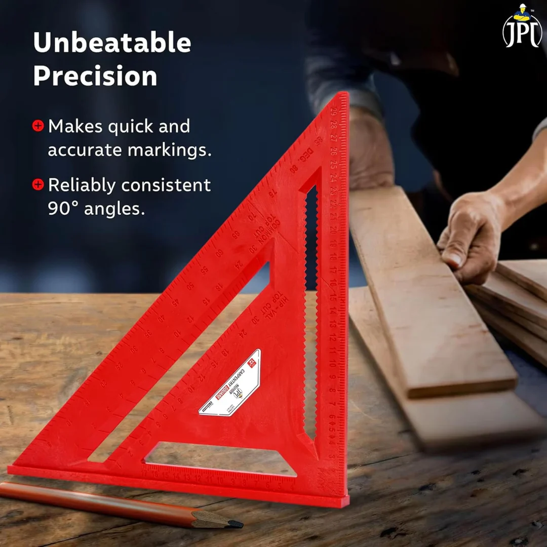 JPT 12-Inch Thickened 45°/90° Carpenter Square | ABS Build Triangle Ruler | Laser-Engraved Scale | Widened Base Design | Best For Carpentry, Woodworking, Construction, And DIY - Image 8