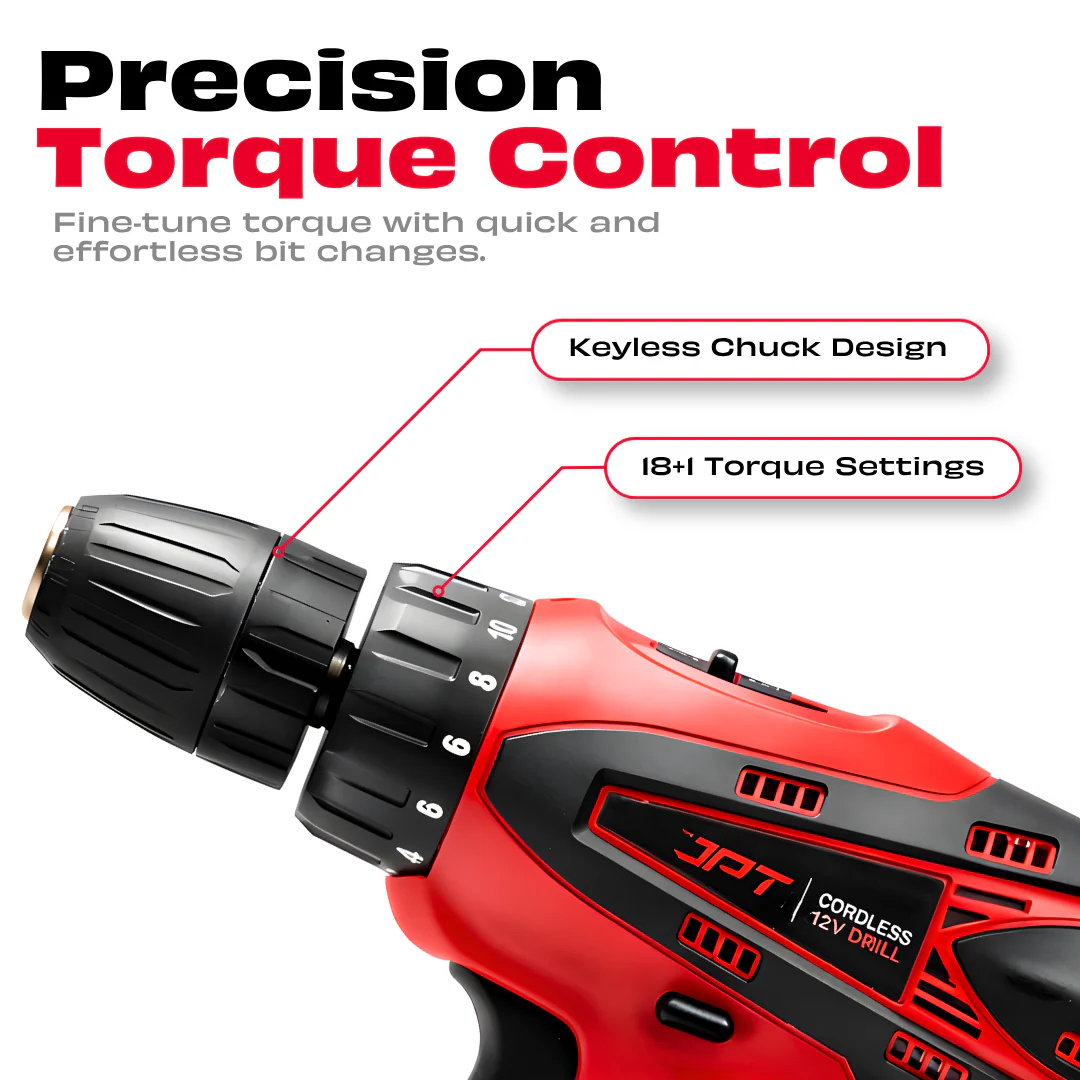 JPT 12-volt Multi-Tasking 3/8-inch Keyless Chuck Cordless Drill Machine | 24 Nm Torque | 1350 RPM Speed | 2 Speed Gear | 18+1 Clutch | 2 x 1500mAh Battery | Fast Charger - Image 3
