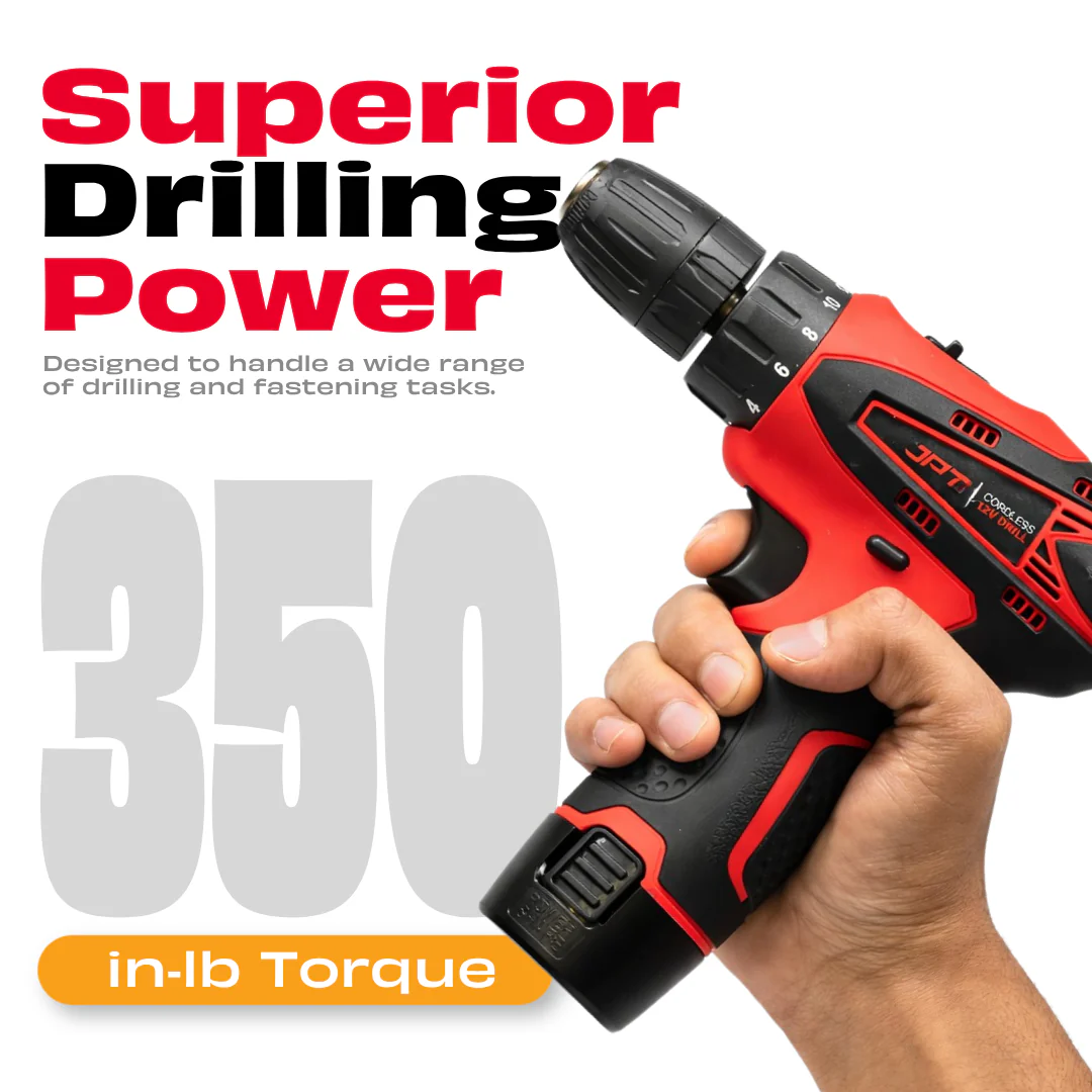 JPT 12-volt Multi-Tasking 3/8-inch Keyless Chuck Cordless Drill Machine | 24 Nm Torque | 1350 RPM Speed | 2 Speed Gear | 18+1 Clutch | 2 x 1500mAh Battery | Fast Charger - Image 4