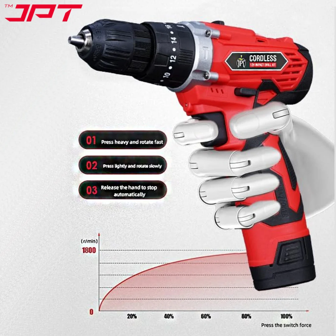 JPT 12V Impact Cordless Drill Machine | 30N.M Torque | 1800RPM Speed | 3/8" Keyless Chuck | 18+3 Torque Settings | 1500mAh Battery | Forward & Reversed with Bight LED Light | 18 Drill Accessories - Image 6