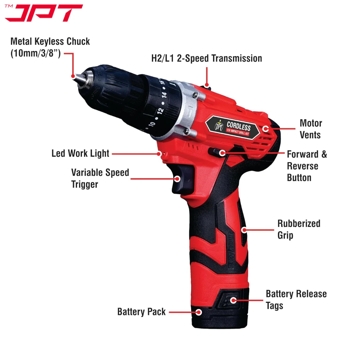 JPT 12V Impact Cordless Drill Machine | 30N.M Torque | 1800RPM Speed | 3/8" Keyless Chuck | 18+3 Torque Settings | 1500mAh Battery | Forward & Reversed with Bight LED Light | 18 Drill Accessories - Image 7