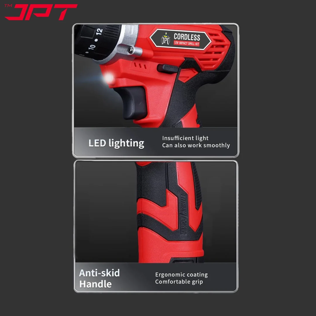 JPT 12V Impact Cordless Drill Machine | 30N.M Torque | 1800RPM Speed | 3/8" Keyless Chuck | 18+3 Torque Settings | 1500mAh Battery | Forward & Reversed with Bight LED Light | 18 Drill Accessories - Image 8