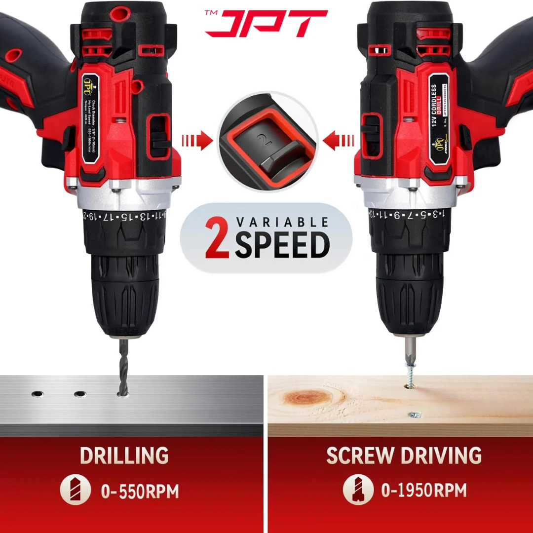 JPT Heavy-Duty 12V Pro Series Cordless Drill Machine | 45N.M. Torque | 1950 RPM Speed | 25+1 Torque Setting | 2 Speed Modes | 3/8" Keyless Chuck | 1500mAh Battery | 24 Drill Accessories Included - Image 4