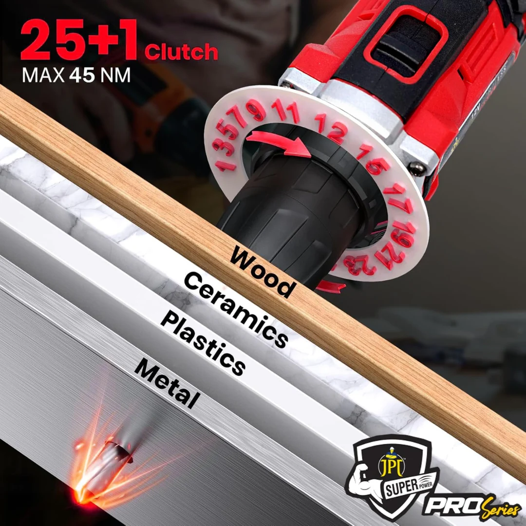 JPT Heavy-Duty 12V Pro Series Cordless Drill Machine | 45N.M. Torque | 1950 RPM Speed | 25+1 Torque Setting | 2 Speed Modes | 3/8" Keyless Chuck | 1500mAh Battery | 24 Drill Accessories Included - Image 5