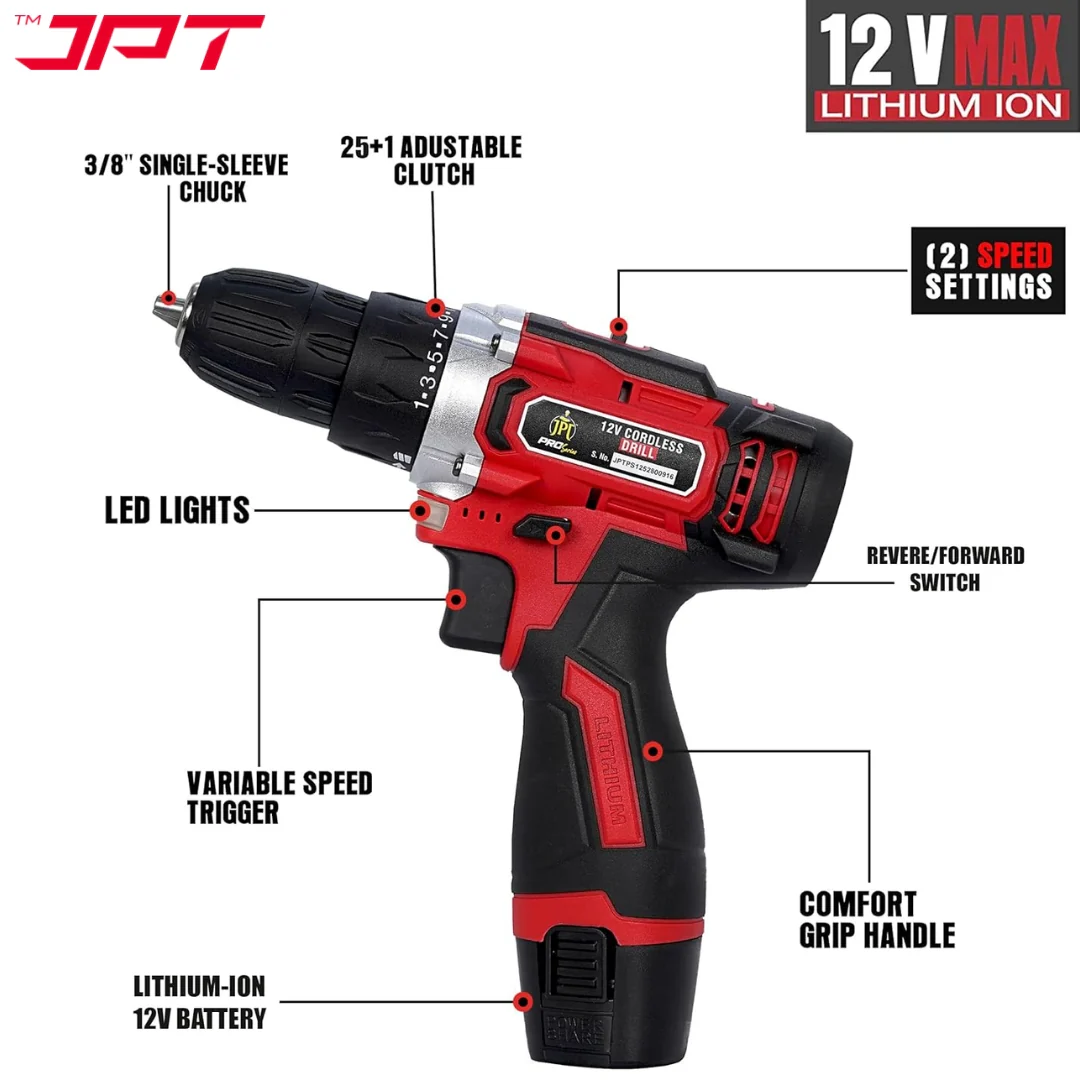 JPT Heavy-Duty 12V Pro Series Cordless Drill Machine | 45N.M. Torque | 1950 RPM Speed | 25+1 Torque Setting | 2 Speed Modes | 3/8" Keyless Chuck | 1500mAh Battery | 24 Drill Accessories Included - Image 6