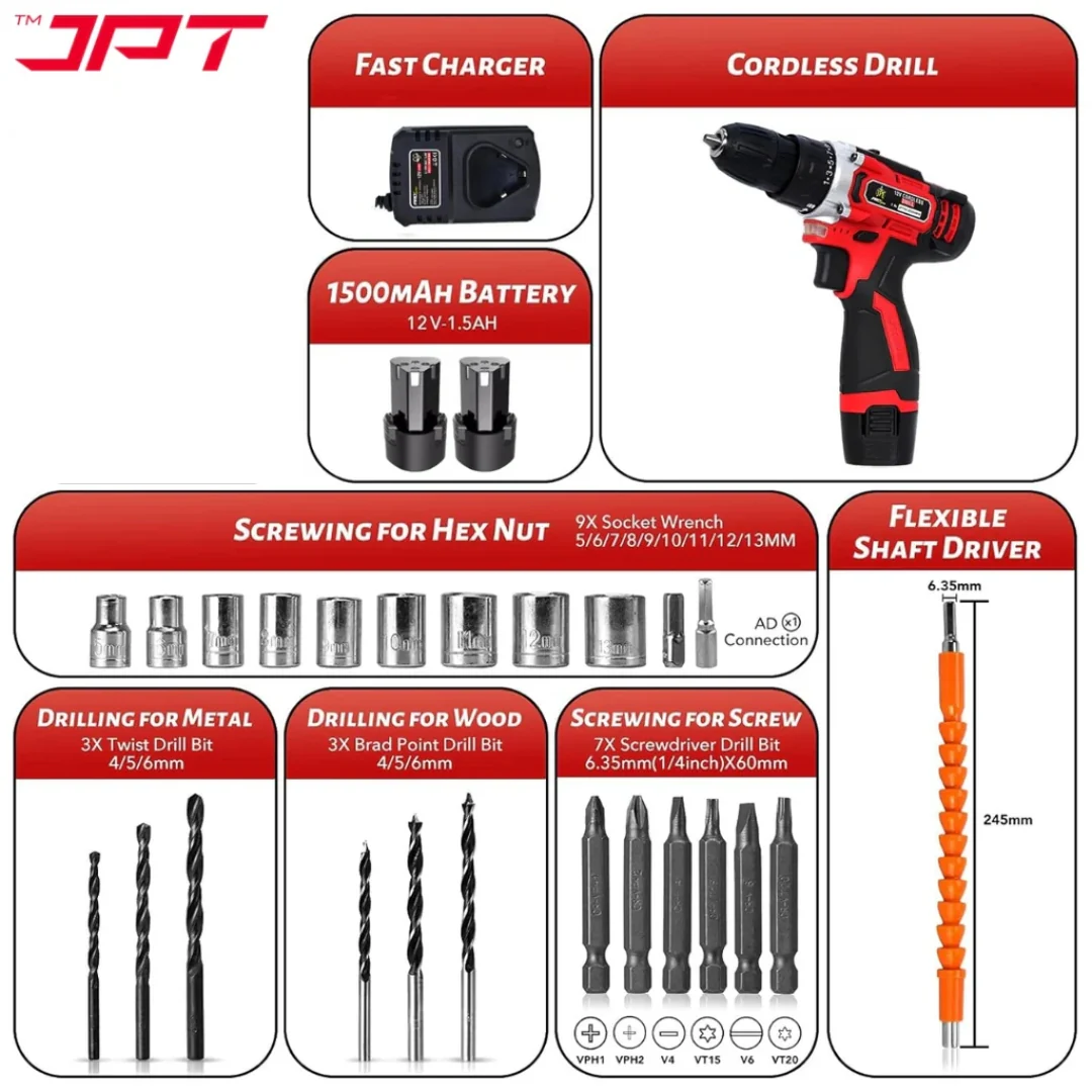 JPT Heavy-Duty 12V Pro Series Cordless Drill Machine | 45N.M. Torque | 1950 RPM Speed | 25+1 Torque Setting | 2 Speed Modes | 3/8" Keyless Chuck | 1500mAh Battery | 24 Drill Accessories Included - Image 8