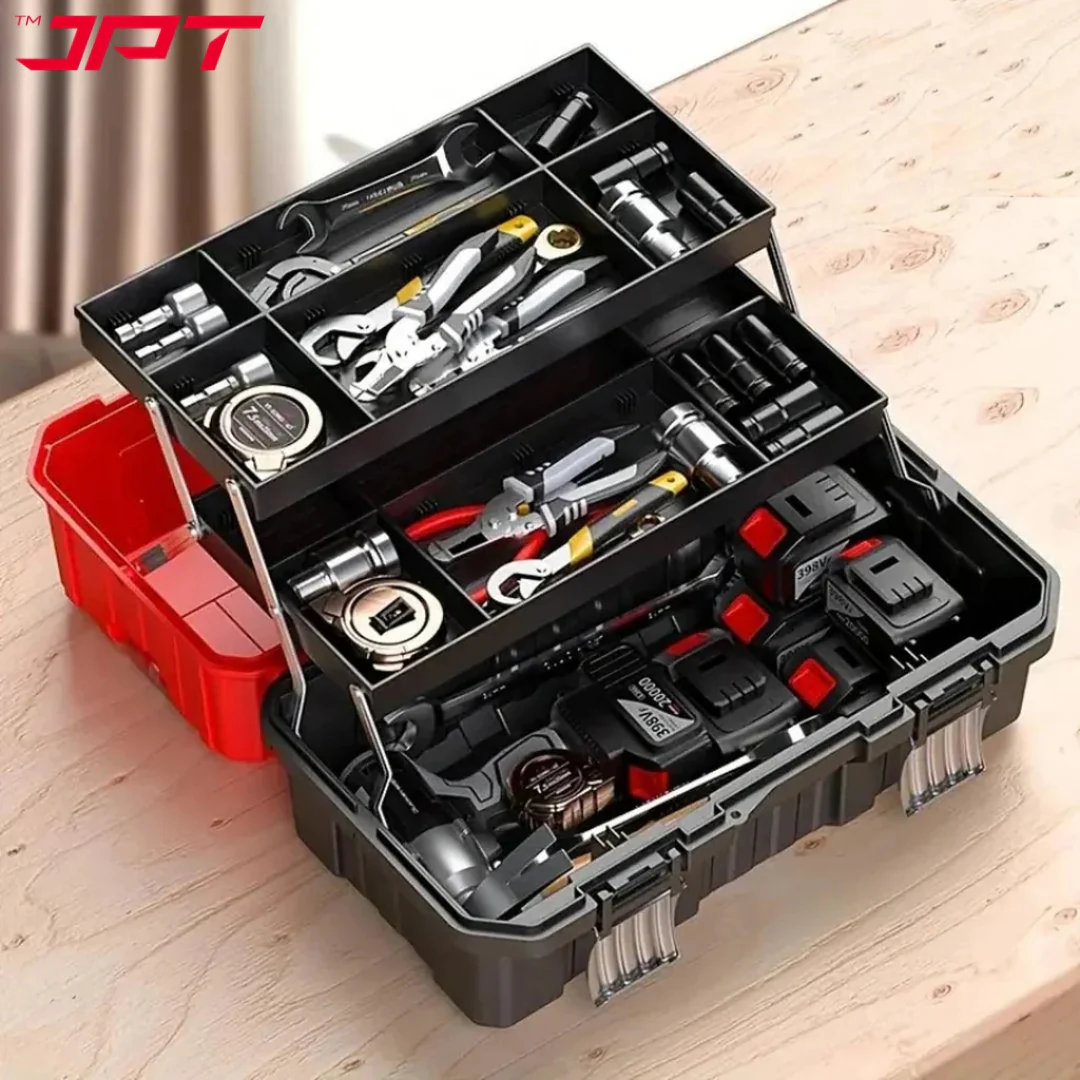 JPT 17-Inch 2-Tiers Heavy-Duty Folding Tool Box | Industrial-Grade Plastic Build | Two Transparent Lids With 2 Tray Compartments | SS Secure Latch with Padlock | Best for Electricians, Carpenters, Automobile - Image 4