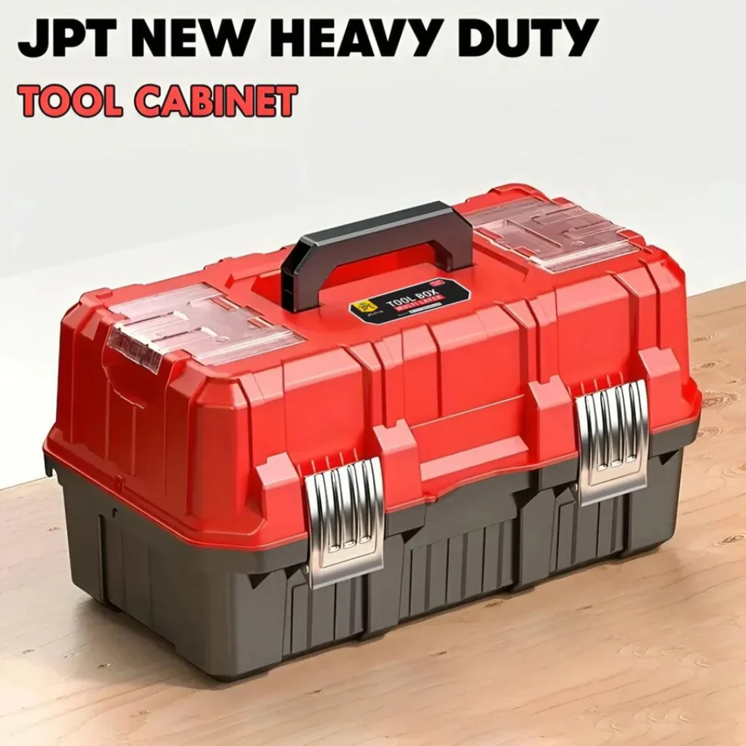 JPT 17-Inch 2-Tiers Heavy-Duty Folding Tool Box | Industrial-Grade Plastic Build | Two Transparent Lids With 2 Tray Compartments | SS Secure Latch with Padlock | Best for Electricians, Carpenters, Automobile - Image 8