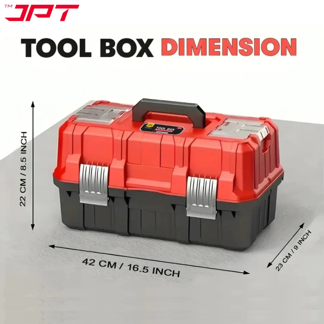 JPT 17-Inch 2-Tiers Heavy-Duty Folding Tool Box | Industrial-Grade Plastic Build | Two Transparent Lids With 2 Tray Compartments | SS Secure Latch with Padlock | Best for Electricians, Carpenters, Automobile - Image 9