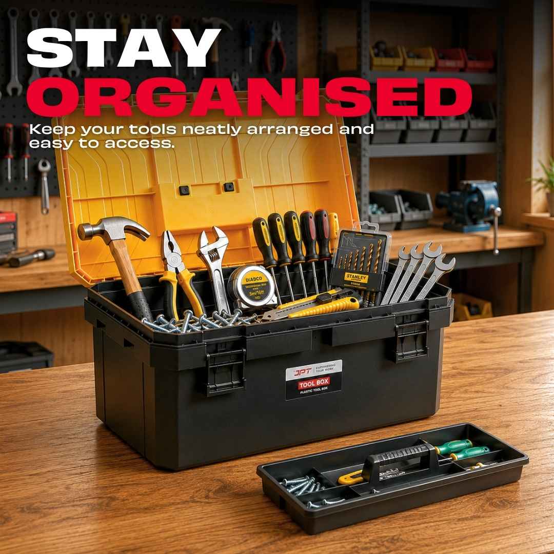 JPT 17-Inch Industrial-Grade Heavy-Duty Tool Box | Two Transparent Lids & One Removable Tray | Secure Tight Latch with Padlock Eye | Best for Electricians, Carpenters, Automobile Use & More - Image 2