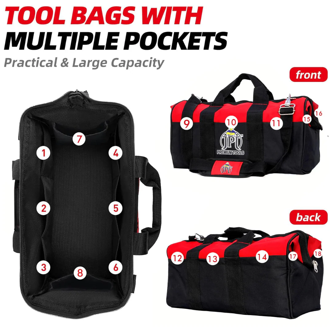 JPT 18-Inch Heavy Duty Tool Bag, Wide Mouth Tool Storage Bag with Interior Pockets, Large Capacity Tool Tote Bag for Electricians, Power Tools Organizer - Image 3
