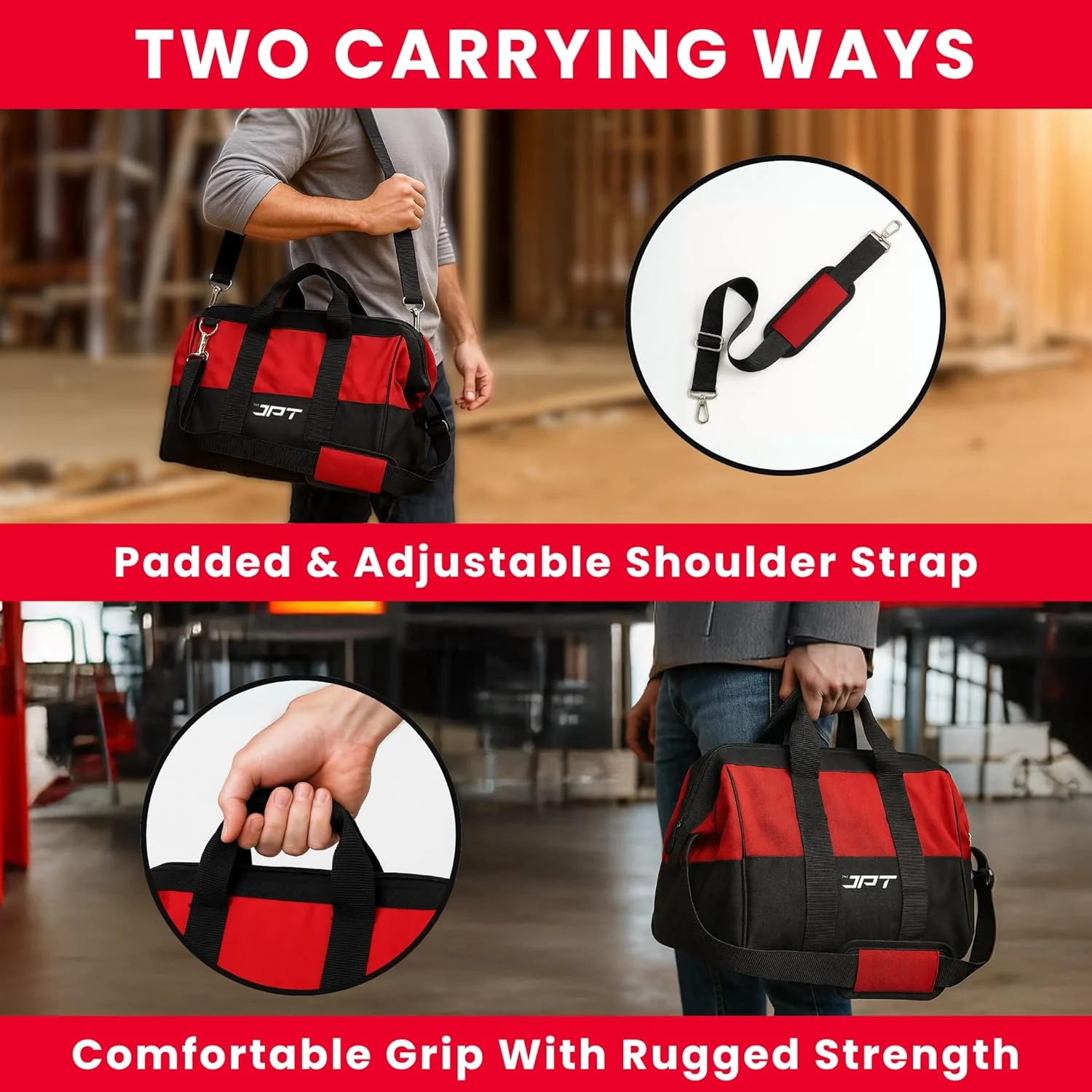 JPT 18-Inch Heavy Duty Tool Bag, Wide Mouth Tool Storage Bag with Interior Pockets, Large Capacity Tool Tote Bag for Electricians, Power Tools Organizer - Image 5