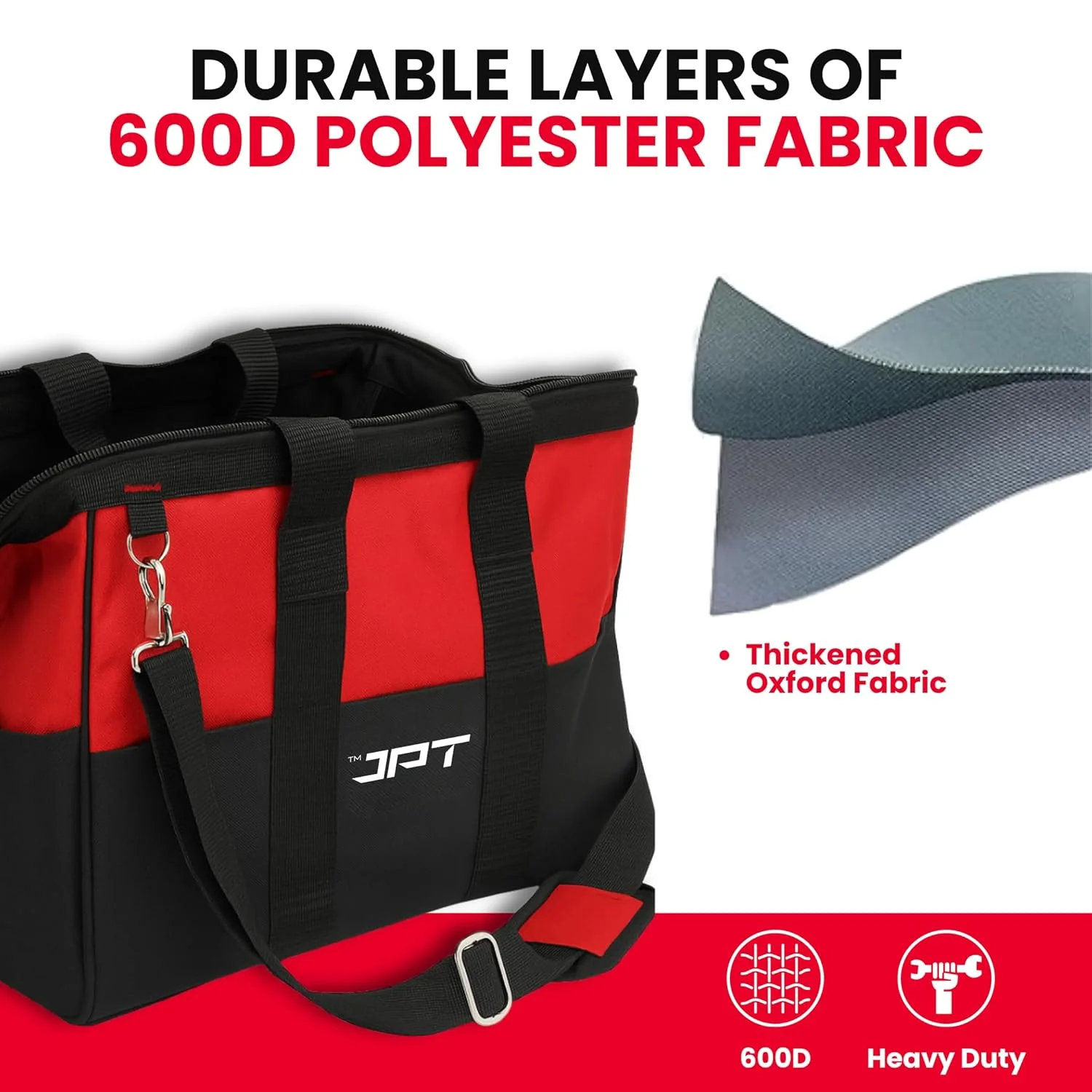 JPT 18-Inch Heavy Duty Tool Bag, Wide Mouth Tool Storage Bag with Interior Pockets, Large Capacity Tool Tote Bag for Electricians, Power Tools Organizer - Image 7