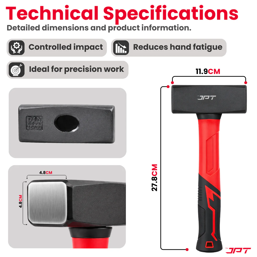 JPT 2000G Forged Steel Club Hammer – Heavy Duty Professional Lump Hammer with Anti-Slip Rubber & Shock-Absorbing Grip, Hammr for Demolition, Masonry & Fabrication Works - Image 5