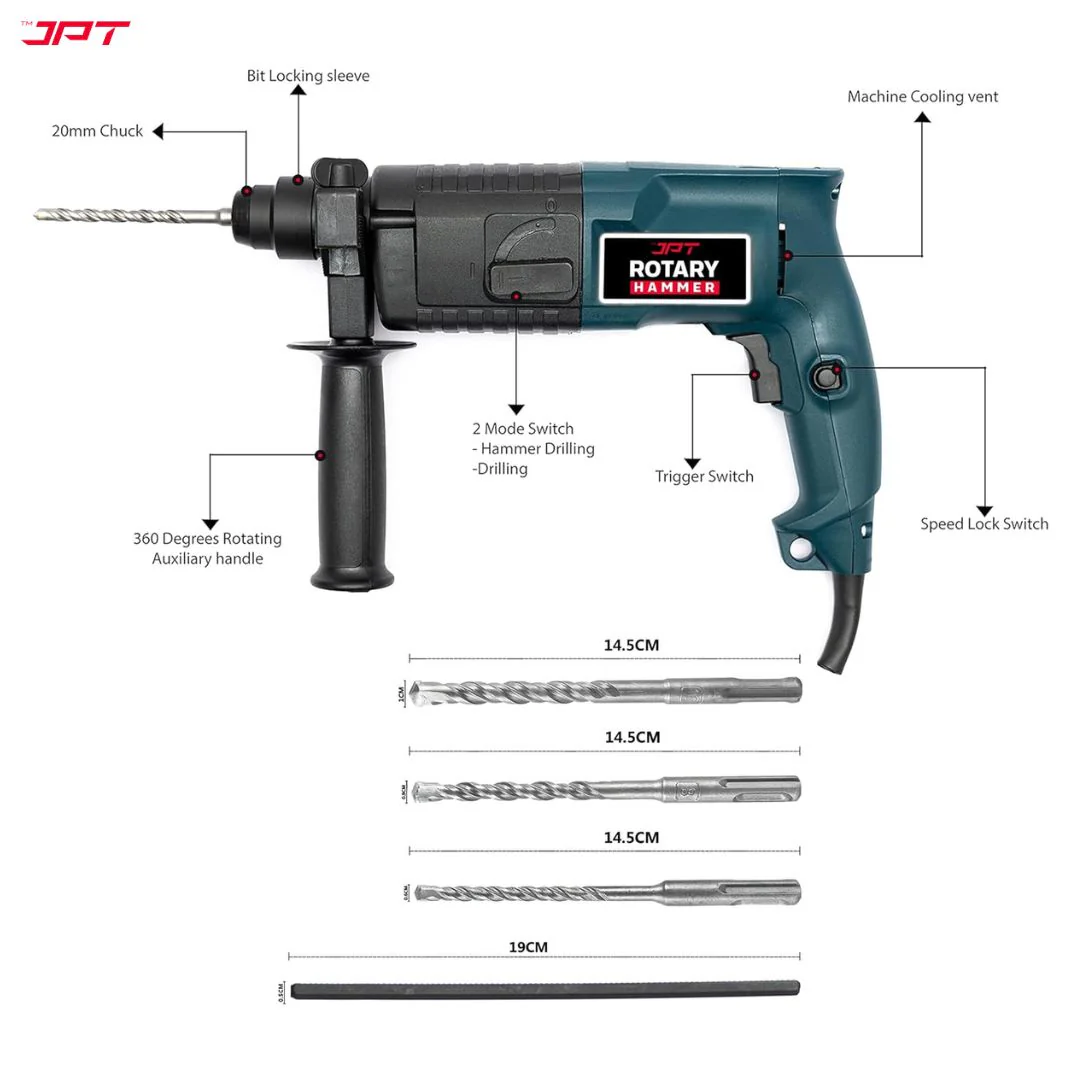 JPT 20MM SDS-Plus Rotary Hammer Drill Machine | 850W Motor | 1400RPM Speed | 2.4 Joules Impact | 4000 BPM Force | 2 Function Modes | Best for Home, DIY, Masonry, Steel, Wood & More - Image 4