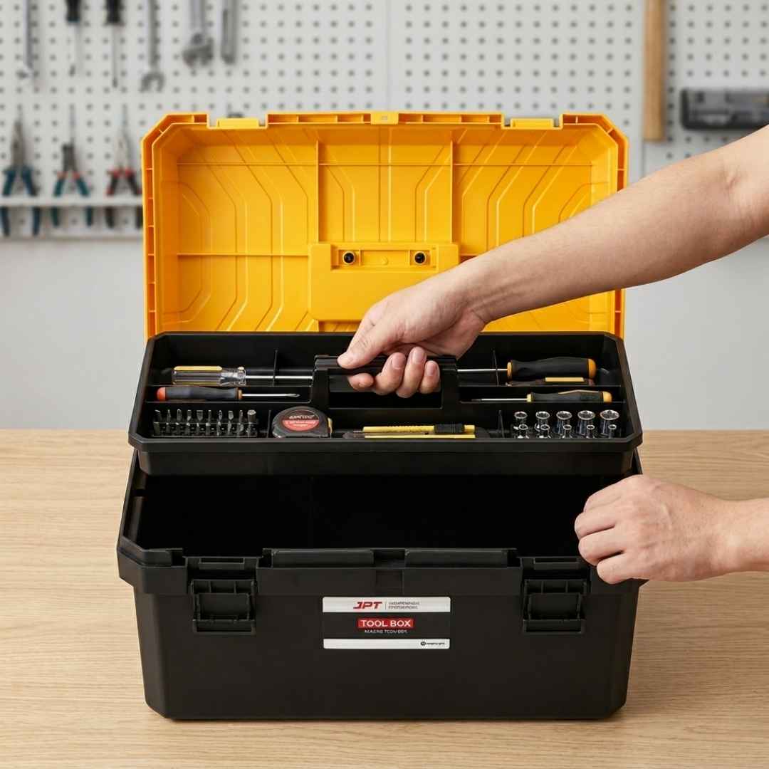 JPT 21-Inch Industrial-Grade Heavy-Duty Tool Box | Two Transparent Lids & One Removable Tray | Secure Tight Latch with Padlock Eye | Best for Electricians, Carpenters, Automobile Use & More - Image 7