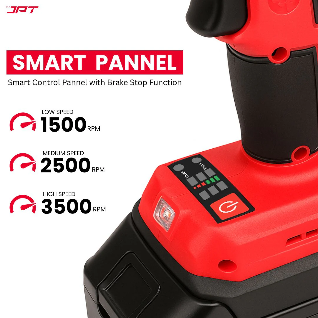 JPT 21V Heavy-Duty Cordless Impact Wrench | Brushless Motor | 400N·M Torque | 3500RPM Speed | 4000mAh Li-Ion Battery | Smart LED Display & Panel | Forward/Reverse | Best for Car, Bike, and Home Use - Image 4