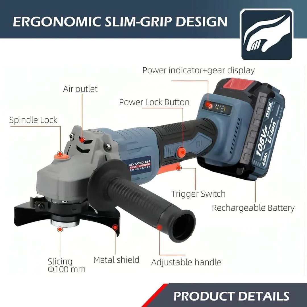 JPT 21V Brushless Heavy Duty Cordless Angle Grinder | 11000 RPM Speed | 21mm Cutting Depth | Smart Variable Speed Control Panel | 4000mAh Battery | Fast Charger - Image 7