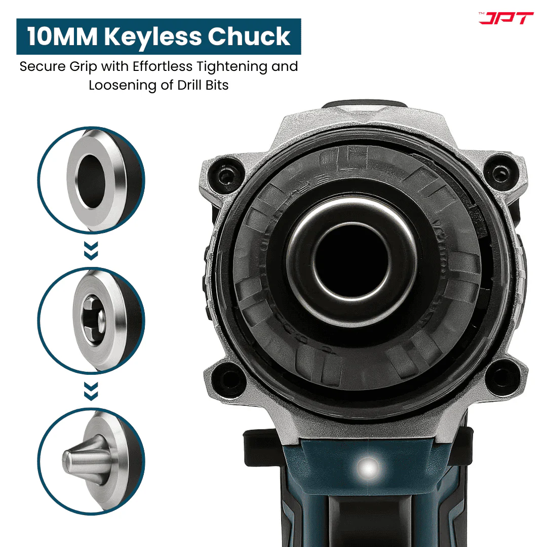 JPT 21V Heavy-Duty Impact Cordless Drill Machine | Max. 90N.M Torque | Max. 0-2000RPM Speed | 10MM Keyless Chuck | 25+3 Gears Setting | 2.0Ah Li-Ion Battery | 24Pcs Drill Accessories - Image 4
