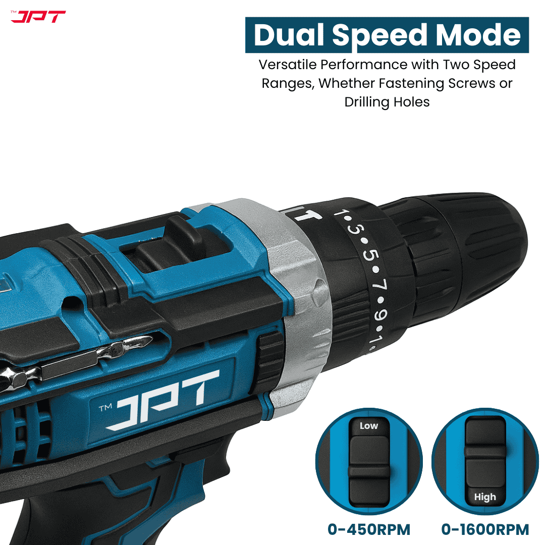 JPT 21V Heavy-Duty Impact Cordless Drill Machine | Max. 90N.M Torque | Max. 0-2000RPM Speed | 10MM Keyless Chuck | 25+3 Gears Setting | 2.0Ah Li-Ion Battery | 24Pcs Drill Accessories - Image 5
