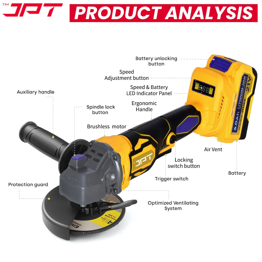 JPT 21V Heavy-Duty Cordless Angle Grinder Machine | Brushless Motor | 3-Speed Modes (5000–9000 RPM | 100mm Disc | Spindle & Speed Lock | 6000mAh Battery - Image 6