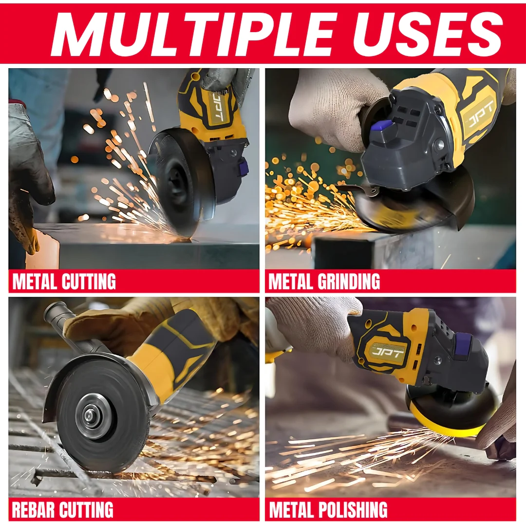 JPT 21V Heavy-Duty Cordless Angle Grinder Machine | Brushless Motor | 3-Speed Modes (5000–9000 RPM | 100mm Disc | Spindle & Speed Lock | 6000mAh Battery - Image 7
