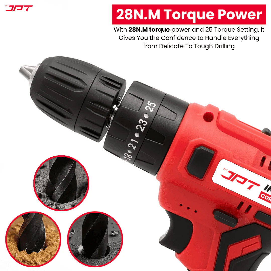 JPT Heavy-Duty 21V Impact Cordless Drill Machine | 28N.M Torque | 0-1350RPM Speed | 25+3 Gears Setting | 2 Speed Modes | Bright LED Light | Forward & Reverse | 2000mAh Battery | Fast Charger - Image 2