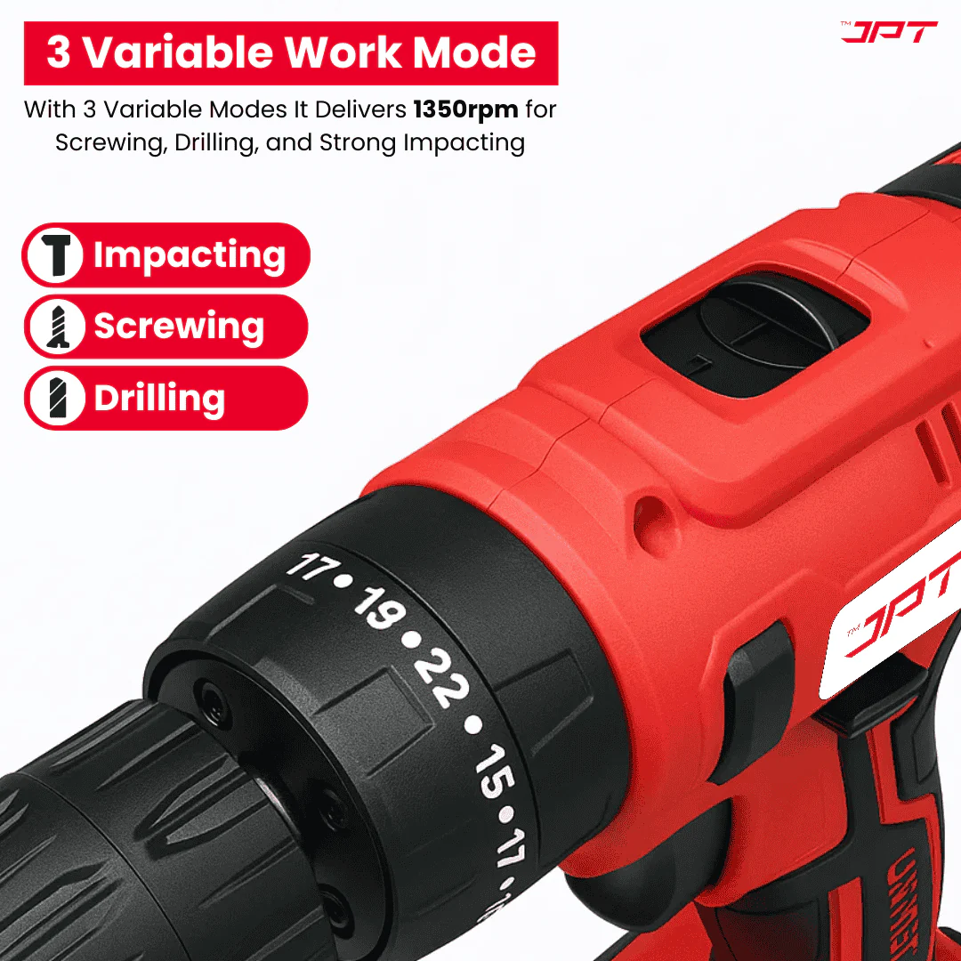 JPT Heavy-Duty 21V Impact Cordless Drill Machine | 28N.M Torque | 0-1350RPM Speed | 25+3 Gears Setting | 2 Speed Modes | Bright LED Light | Forward & Reverse | 2000mAh Battery | Fast Charger - Image 4