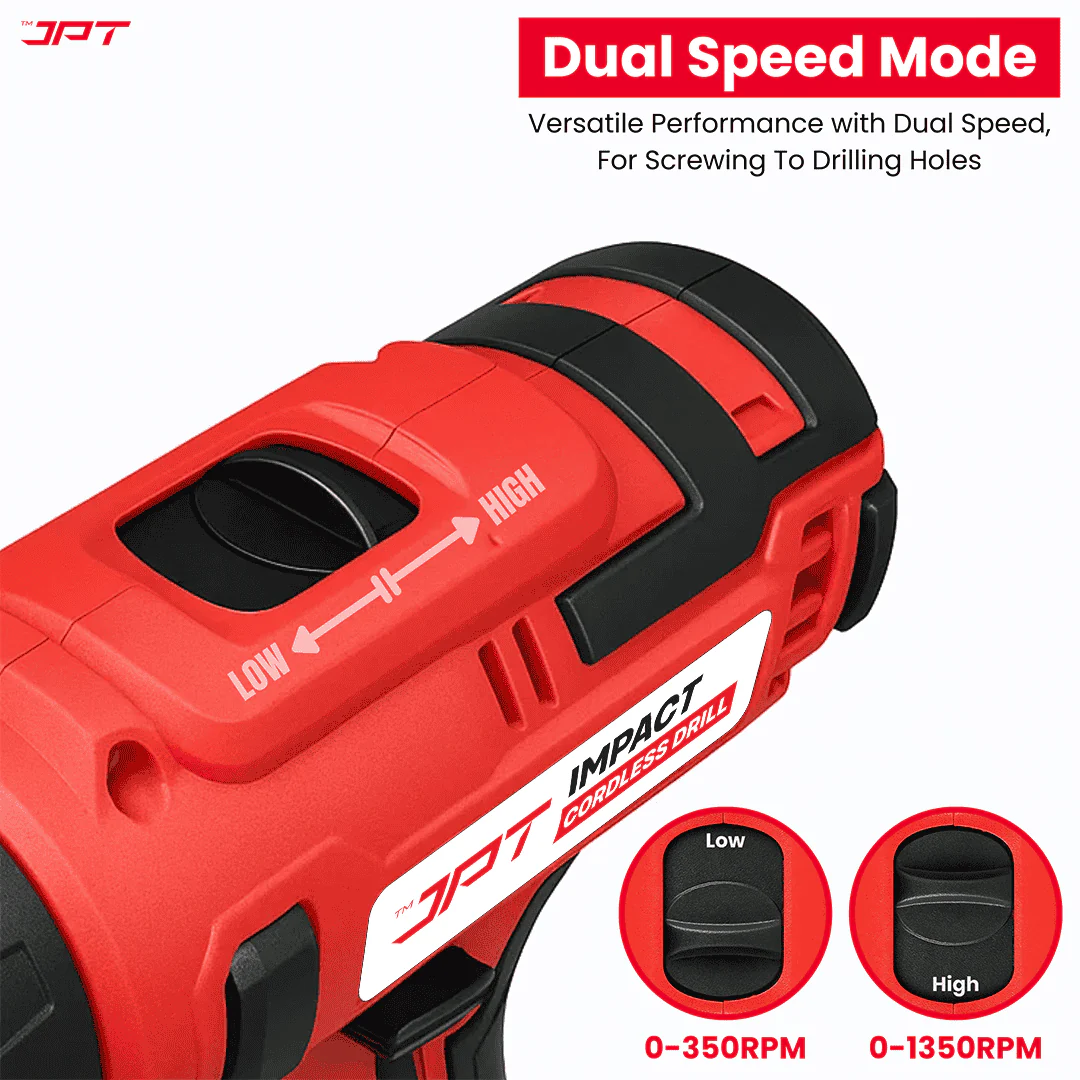 JPT Heavy-Duty 21V Impact Cordless Drill Machine | 28N.M Torque | 0-1350RPM Speed | 25+3 Gears Setting | 2 Speed Modes | Bright LED Light | Forward & Reverse | 2000mAh Battery | Fast Charger - Image 5
