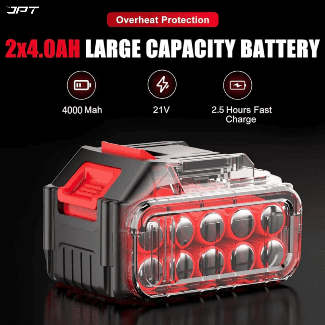 JPT Heavy-Duty 21V Cordless Impact Wrench | Brushless Motor | 350N.M Torque | 0-4300RPM Speed | 1/4-Inch Chuck | 4.0Ah Li-Ion Battery | Impact Wrench for Automobile & Car/Bike Owner - Image 4