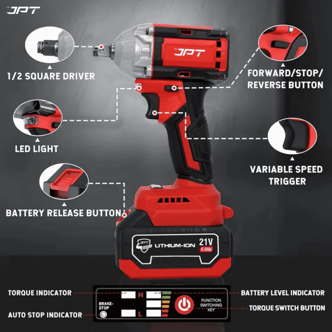 JPT Heavy-Duty 21V Cordless Impact Wrench | Brushless Motor | 350N.M Torque | 0-4300RPM Speed | 1/4-Inch Chuck | 4.0Ah Li-Ion Battery | Impact Wrench for Automobile & Car/Bike Owner - Image 6