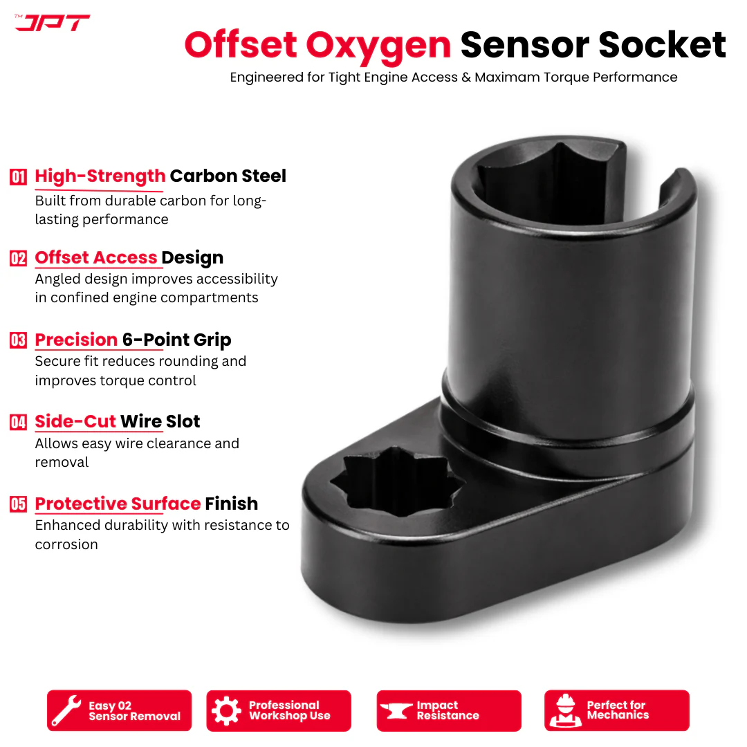 JPT 3-Piece Professional Oxygen Sensor Socket Tool Set 22mm – Offset & Slotted O2 Sensor Socket for Tight Engine Spaces | Heavy Duty Car Oxygen Sensor Removal Tool for Garage & Workshop Use - Image 2