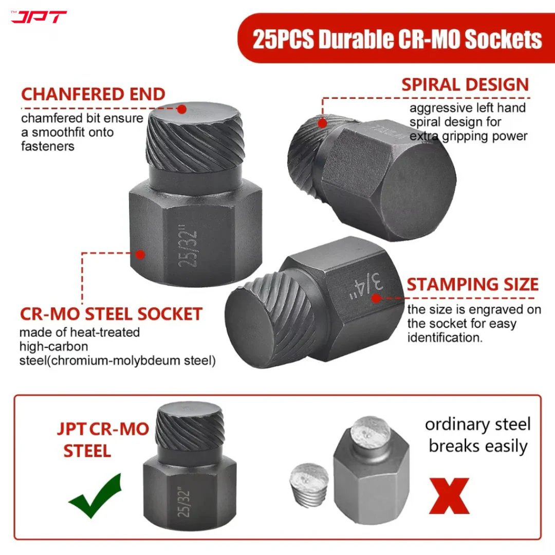 JPT 25-Piece Damaged Screw Extractor Set | Hex Head Multi-Spline Remover | Rounded Bolt Remover for Broken Studs, Bolts, Hex Sockets, Screws, and Fittings - Image 4